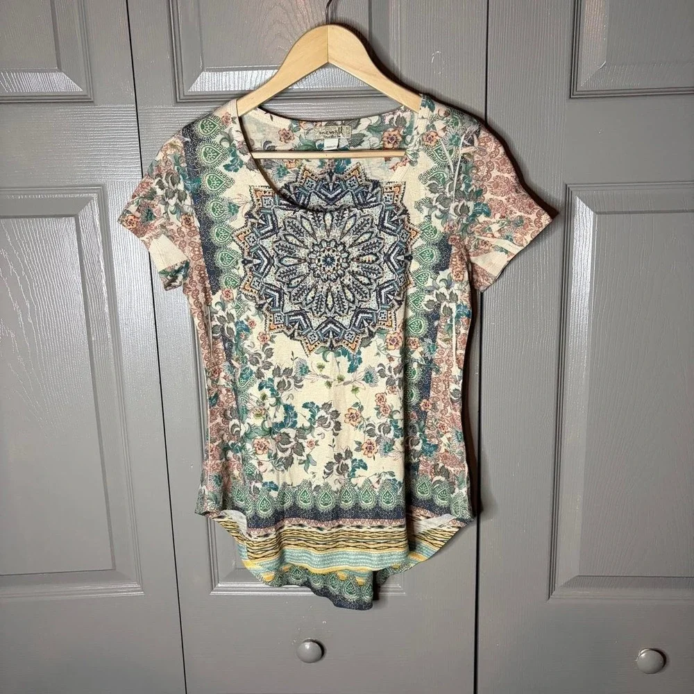 One World Womens Small Mandala Print Boho Short Sleeve Top Multi Color Y2K Scoop
